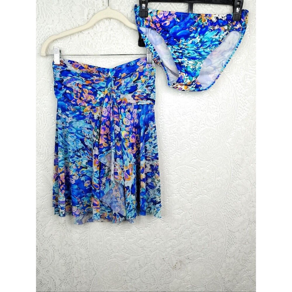 VENUS Blue Multi Floral Swimsuit 2 Piece Sheer Overlay Watercolor Size 6